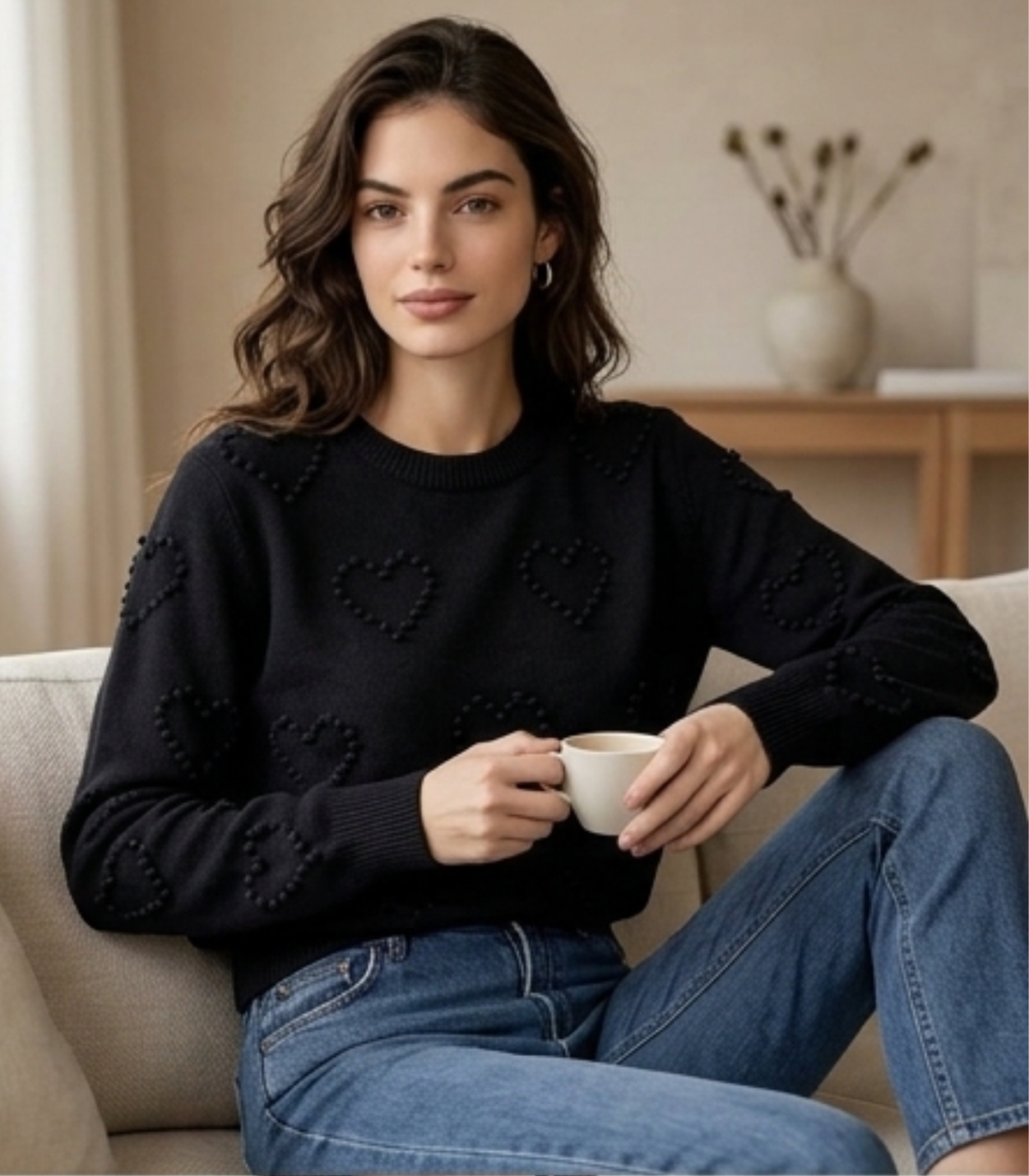 Schwarzer Strickpullover mit Herzen