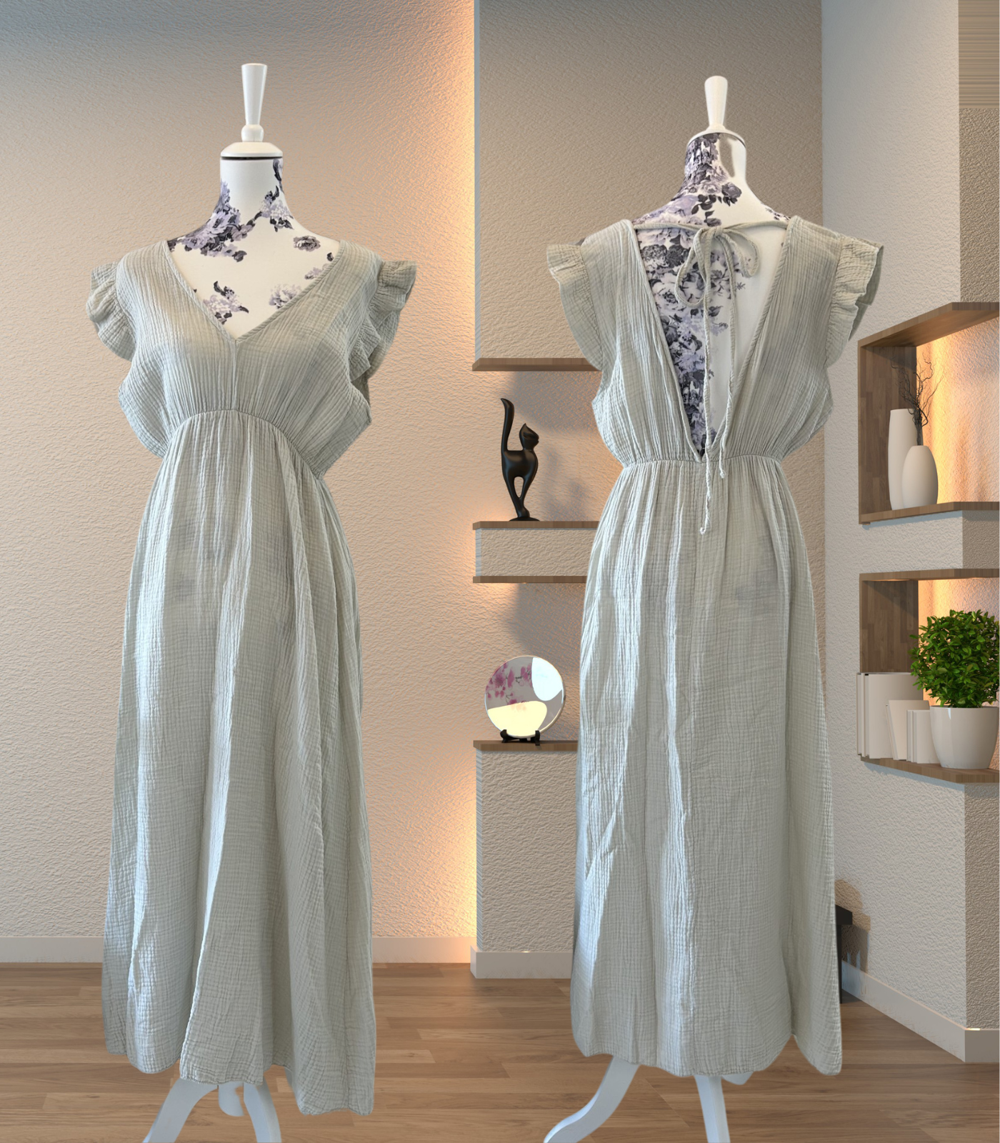 Langes Musselin Kleid kurzarm - Unifarben