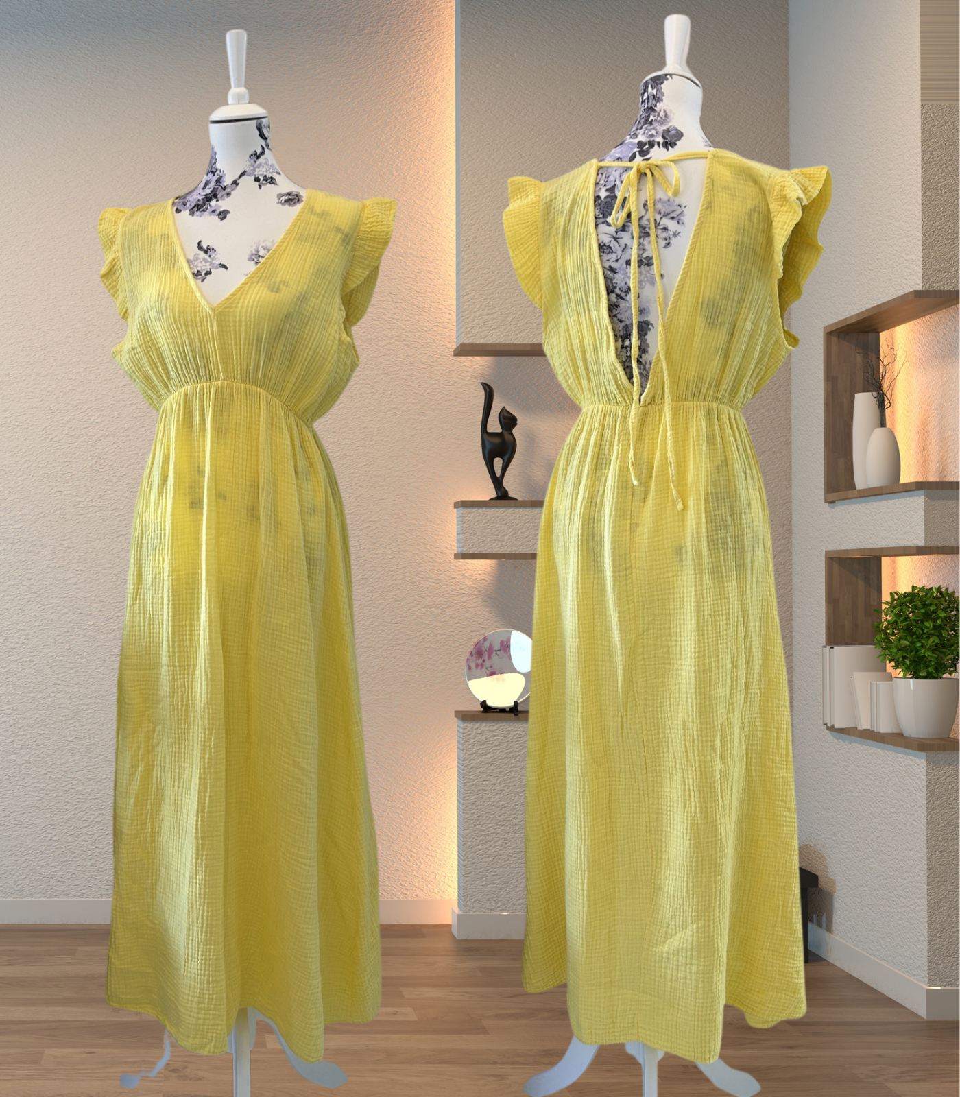 Langes Musselin Kleid kurzarm - Unifarben