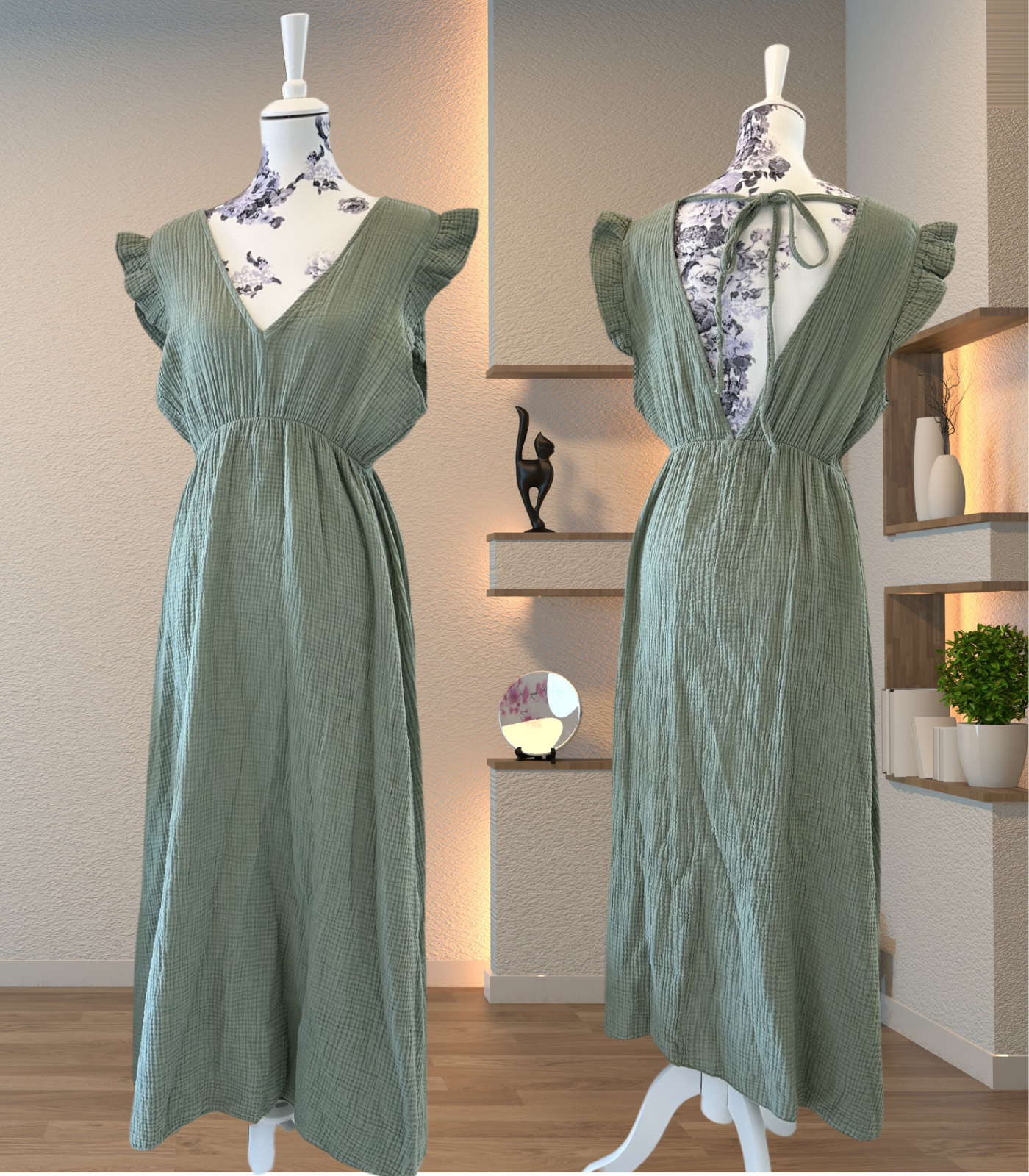 Langes Musselin Kleid kurzarm - Unifarben